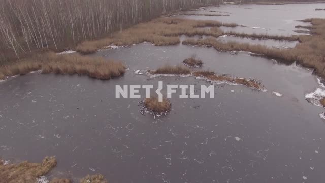 Frozen marsh in autumn forest (shot from a quadcopter) The aerial photo.
Nature.
General...