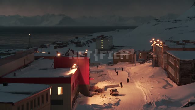 Top view of the street and the buildings of the village of Barentsburg. Russian North, street,...