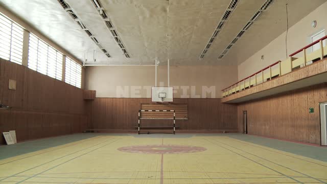 The abandoned sports hall in the sports complex of the village "Pyramid". Russian North, gym, mini...