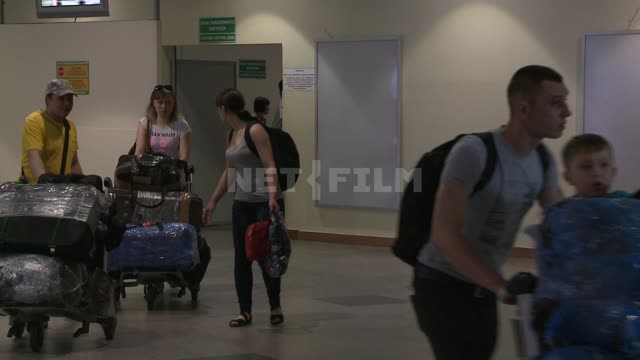 Пассажиры с чемоданами и сумками на тележках в зале прилета аэропорта. Багаж, чемодан, тележка,...