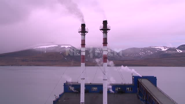 Power station in Svalbard Russian North, roof, building, plant, pipe, smoke, steam, Arctic ocean,...