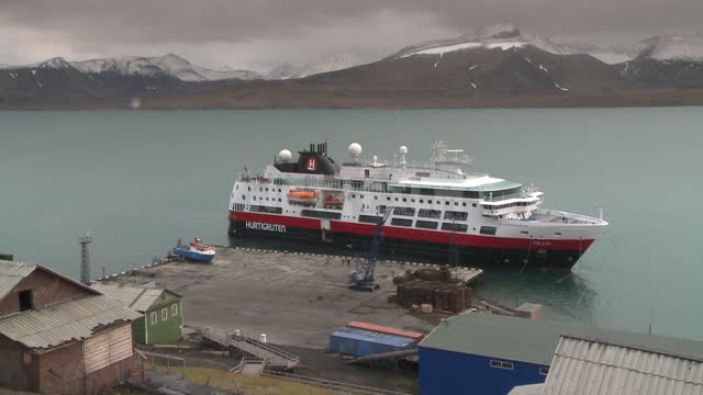 Expedition cruise ship "Fram" is approaching the dock. Russian North, liner, ship, cruise, dock,...