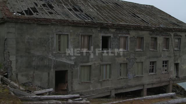 Abandoned buildings on the seafront Russian North, stone buildings, ruins, sea, mountains, Windows,...