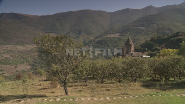 Panoramic view of the mountains and the Tatev monastery....