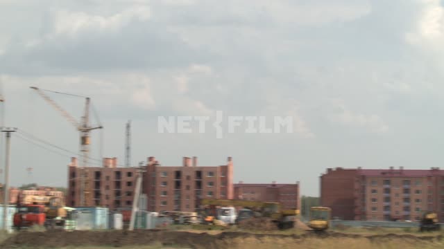 Panorama of new buildings, block houses of red brick. Block, house, brick, five-storey building,...