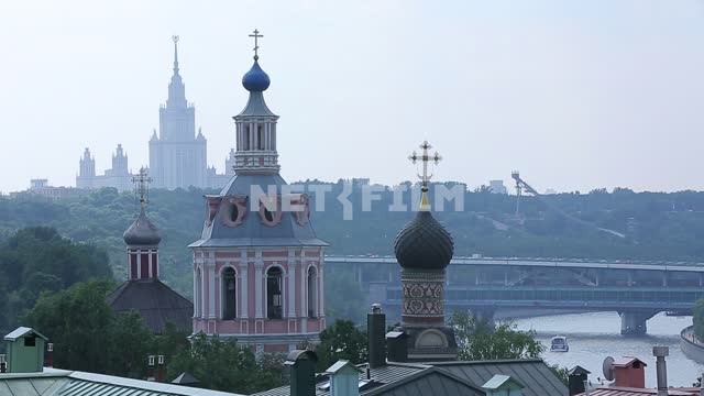 View of the domes of churches and MSU. Dome, church, MSU, Vorobyovy Gory, springboard, bell tower.