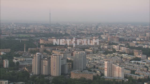 Panorama of Moscow from the bird's flight. River.
High-rise buildings.
Government house,
The world...
